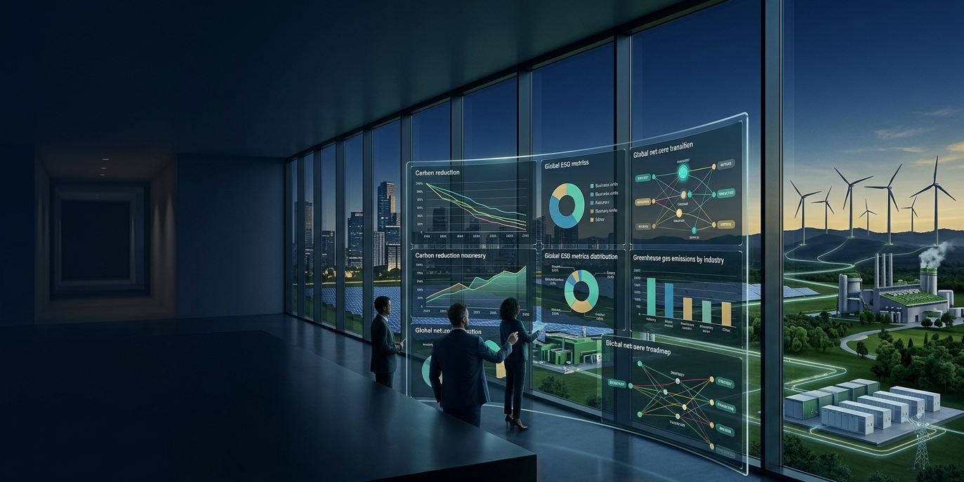 Professionals reviewing ESG dashboards in a control room overlooking a city, solar fields, wind turbines, and a low-carbon industrial campus